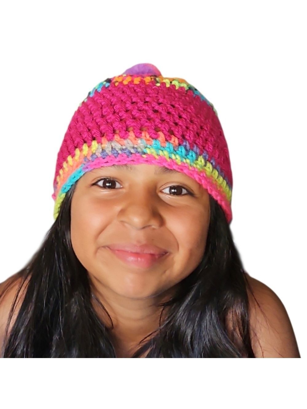 Handmade Crochet Neon Beanie Kids Toddler Colorful pom pom Hat Upcycled Cotton